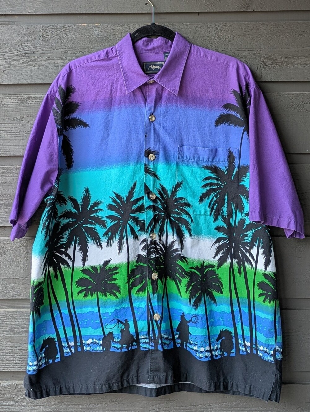 Roper Tropical Palm Rodeo Cowboy Print Short-Sleeve Shirt Large 100% Cotton